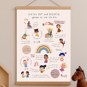 Può includere: Poster incorniciato con illustrazioni colorate e testo in tedesco. Presenta frasi come "Ich bin GUT und RICHTIG" e "DO WHAT YOU LOVE", insieme a disegni di figure diverse, promuovendo l'autostima e l'amore per sé stessi.