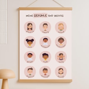 May include: A poster featuring the German phrase "MEINE GEFÜHLE SIND WICHTIG" and illustrations of various emotions. Each emotion is depicted by a cartoon face, accompanied by a German word, including "glücklich" (happy) and "traurig" (sad).