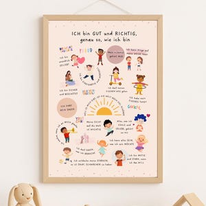 Può includere: Una stampa incorniciata con una cornice in legno chiaro, con illustrazioni colorate e testo in tedesco. L'opera d'arte include immagini di bambini e frasi motivazionali. Un coniglietto di peluche, un giocattolo di legno e una piccola decorazione a forma di casa sono in primo piano.