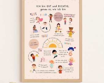 May include: A framed print with a light wood frame, featuring colorful illustrations and German text. The artwork includes images of children and motivational phrases. A plush bunny, wooden toy, and a small house-shaped decoration are in the foreground.