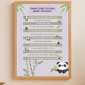 Puede incluir: Un cartel enmarcado con texto en alemán e ilustraciones de pandas sobre un fondo morado claro. El texto incluye afirmaciones como «Puedo decir no» y «Puedo decidir lo que necesito».
