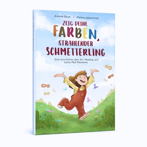 Peut inclure: Couverture de livre pour enfants avec le titre "ZEIG DEINE FARBEN, STRAHLENDER SCHMETTERLING". L'illustration montre une fillette en salopette rouge courant dans un champ vert, avec des papillons.