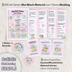 Op de afbeelding: Een bundel educatief materiaal met de tekst "Autistic (Un)Masking BUNDLE". De set bevat kleurrijke A4-pagina's, stickers en kaarten met een cartoonkameleon. De tekst op de pagina's is in het Duits.