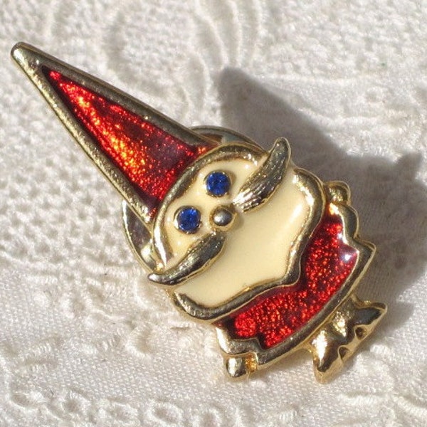 Vintage BEATRIX Enamel Garden Gnome Santa Brooch Pin with Blue Rhinestones Eyes, Christmas Ladies Accessories