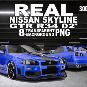 May include: Two blue Nissan Skyline GTR R34 cars are depicted, one in the foreground and one behind. The cars feature black racing stripes and black wheels with white trim. The image includes the text "REAL NISSAN SKYLINE GTR R34 02' 8 TRANSPARENT BACKGROUND PNG".