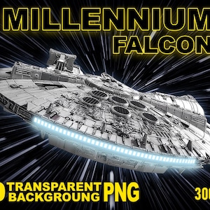 Puede incluir: Ilustración detallada de la nave espacial Millennium Falcon sobre un fondo negro con rayas blancas. El texto "MILLENNIUM FALCON" es amarillo, y otro texto dice "10 TRANSPARENT BACKGROUND PNG 300 DPI".