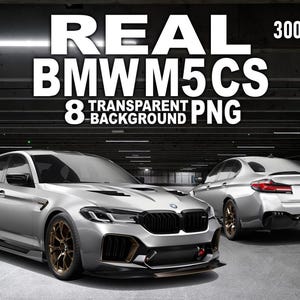 Peut inclure: Deux berlines BMW M5 CS argentées sont présentées dans un parking. Les voitures ont des jantes de couleur bronze et des détails noirs. Le texte en haut indique "REAL BMW M5 CS" et "8 TRANSPARENT BACKGROUND PNG".