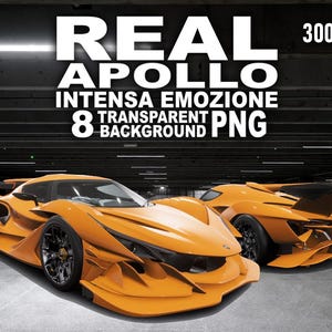 May include: Two orange Apollo Intensa Emozione sports cars shown from front and rear angles. The text reads REAL APOLLO INTENSA EMOZIONE 8 TRANSPARENT BACKGROUND PNG 300 DPI. The vehicles feature aerodynamic bodywork, large rear wings, and black wheels.
