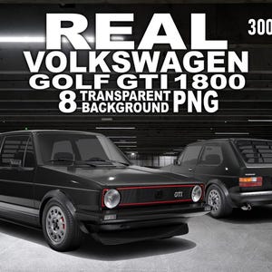 May include: Two black Volkswagen Golf GTI 1800 cars are displayed. The front car has a red stripe on the grill and the text "GTI". The image includes the text "REAL VOLKSWAGEN GOLF GTI 1800 8 TRANSPARENT BACKGROUND PNG 300 DPI".