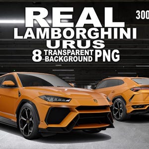 May include: Two orange Lamborghini Urus SUVs are displayed. The text "REAL LAMBORGHINI URUS 8 TRANSPARENT BACKGROUND PNG" is at the top. The cars have black wheels and tinted windows.