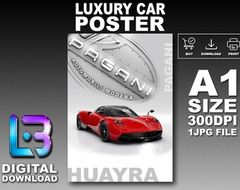 Pagani HUAYRA Luxury Car Poster Printable Wall Art A1 Size Digital Download
