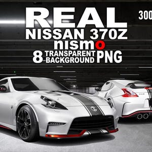 Könnte beinhalten: Zwei weiße Nissan 370Z Nismo-Autos mit schwarzen Rennstreifen und roten Akzenten werden gezeigt. Das Bild enthält den Text "REAL NISSAN 370Z nismo 8 TRANSPARENT BACKGROUND PNG" in Weiß. Die Autos stehen in einer Garage.