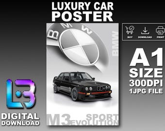 BMW M3 SPORT EVO 1990 Luxury Car Poster Printable Wall Art A1 Size Digital Download