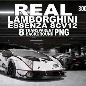 Op de afbeelding: Een wit en zwarte Lamborghini Essenza SCV12 raceauto met zwarte wielen en rode accenten. De afbeelding bevat de tekst "REAL LAMBORGHINI ESSENZA SCV12 8 TRANSPARENT BACKGROUND PNG" in het wit. Een andere zwarte Lamborghini staat op de achtergrond.