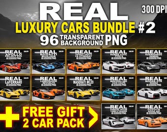 Luxury Cars Bundle #2, 96 Transparent PNG 300 DPI Supercar Clipart Pack
