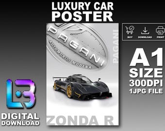 Pagani ZONDA R Luxury Car Poster Printable Wall Art A1 Size Digital Download