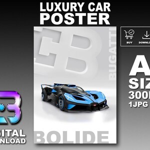 Bugatti BOLIDE Lyxbilaffisch Utskrivbar Väggkonst Digital Nedladdning A1-storlek