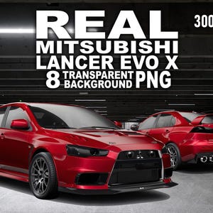 Może przedstawiać: Wyświetlane są dwa czerwone samochody Mitsubishi Lancer Evo X. Przedni samochód jest ustawiony pod kątem, pokazując przód i bok. Tekst "REAL MITSUBISHI LANCER EVO X 8 TRANSPARENT BACKGROUND PNG" znajduje się na górze. Obraz jest oznaczony jako "300 DPI".