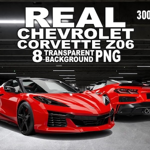 May include: Two red Chevrolet Corvette Z06 cars are displayed in a dark setting. The image includes the text "REAL CHEVROLET CORVETTE Z06 8 TRANSPARENT BACKGROUND PNG" in white. The cars are a vibrant red with black accents.