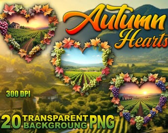 Autumn Vineyard Clipart Bundle: Heart Leaves & Grape Wreaths (PNG Digital Download)