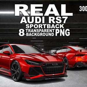 May include: Two red Audi RS7 Sportback cars are displayed in a dark setting. The front car is angled towards the viewer, showcasing its sleek design and black wheels. The image includes text: "REAL AUDI RS7 SPORTBACK 8 TRANSPARENT BACKGROUND PNG 300 DPI."