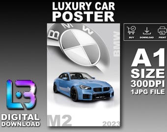 BMW M2 2023 Luxury Car Poster Printable Wall Art A1 Size Digital Download