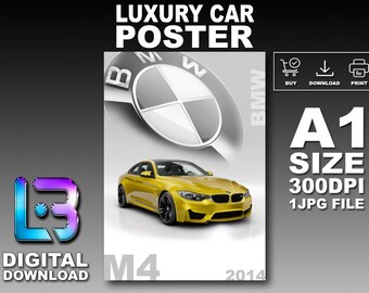 BMW M4 2014 Luxury Car Poster Printable Wall Art A1 Size Digital Download