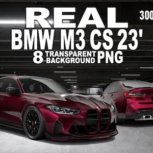 Puede incluir: Se muestran dos coches BMW M3 CS 23' de color granate. El coche delantero está en ángulo, mostrando sus ruedas negras y su diseño frontal. La imagen incluye el texto "REAL BMW M3 CS 23'" y "8 TRANSPARENT BACKGROUND PNG".