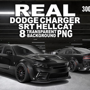 May include: Two black Dodge Charger SRT Hellcat cars shown from front and rear angles. The text reads: REAL DODGE CHARGER SRT HELLCAT 8 TRANSPARENT PNG 300 DPI. These are digital graphic files featuring high-resolution vehicle imagery.