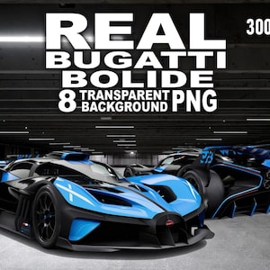 Może przedstawiać: Cyfrowo wyrenderowany obraz przedstawiający trzy samochody wyścigowe Bugatti Bolide w garażu. Samochody są głównie czarne i niebieskie, o smukłych, aerodynamicznych kształtach. U góry widnieje napis "REAL BUGATTI BOLIDE 8 TRANSPARENT BACKGROUND PNG".