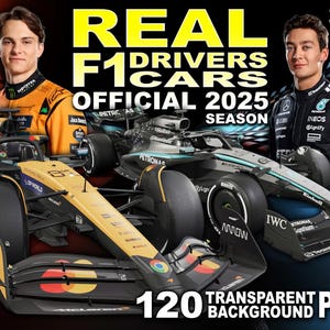Puede incluir: Imagen que presenta dos coches de carreras de Fórmula 1, uno amarillo y negro, el otro plateado y negro, con dos pilotos en el fondo. El texto dice "REAL F1 DRIVERS CARS OFFICIAL 2025 SEASON" y "120 TRANSPARENT PNG". La imagen está etiquetada como "300 DPI".