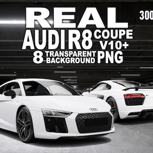 May include: Two white Audi R8 Coupe V10+ sports cars are displayed. The image includes the text "REAL AUDI R8 COUPE V10+ 8 TRANSPARENT BACKGROUND PNG" and "300 DPI". The cars have black accents and rims.