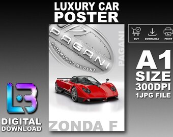 Pagani ZONDA F Luxury Car Poster Printable Wall Art A1 Size Digital Download