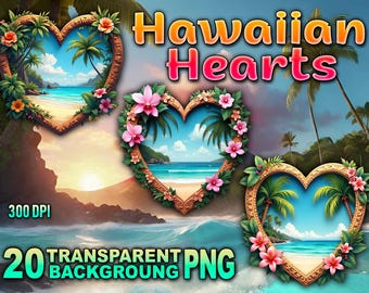 Hawaiian Hearts PNG Bundle | Tropical Beach Clipart | Floral Summer Borders | Transparent Background 20 PNG