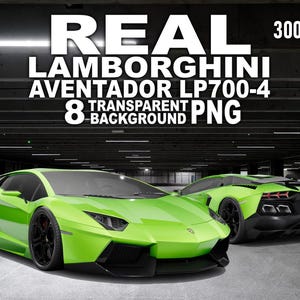 May include: Two green Lamborghini Aventador LP700-4 cars are shown. The front car is angled, highlighting its sleek design. The image includes the text "REAL LAMBORGHINI AVENTADOR LP700-4 8 TRANSPARENT BACKGROUND PNG 300 DPI."