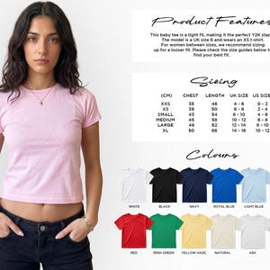 May include: A light pink baby tee with short sleeves. The image includes a sizing chart in centimeters, UK and US sizes, and a color chart with white, black, navy, and other colors. The text says "Product Features" and "Sizing".