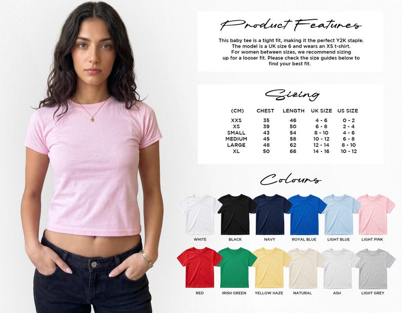 May include: A light pink baby tee with short sleeves. The image includes a sizing chart in centimeters, UK and US sizes, and a color chart with white, black, navy, and other colors. The text says "Product Features" and "Sizing".