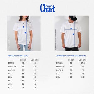May include: Size chart for unisex t-shirts, including regular and comfort colors. The chart displays chest and length measurements in centimeters for sizes small through 5XL. Two people model the t-shirts.