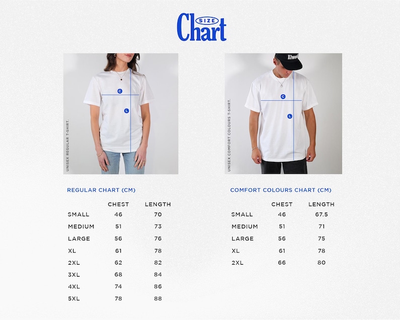 May include: Size chart for unisex t-shirts, including regular and comfort colors. The chart displays chest and length measurements in centimeters for sizes small through 5XL. Two people model the t-shirts.