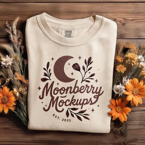 May include: Cream-colored sweatshirt with a brown crescent moon and floral design. The text "Moonberry Mockups" is displayed in a stylish font, with "EST. 2025" below. The sweatshirt is surrounded by dried flowers.