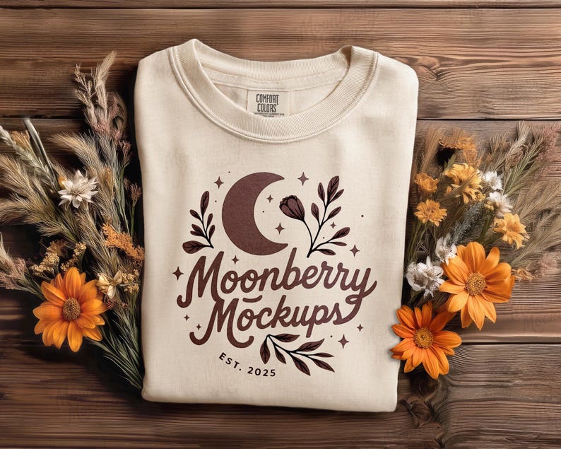 May include: Cream-colored sweatshirt with a brown crescent moon and floral design. The text "Moonberry Mockups" is displayed in a stylish font, with "EST. 2025" below. The sweatshirt is surrounded by dried flowers.
