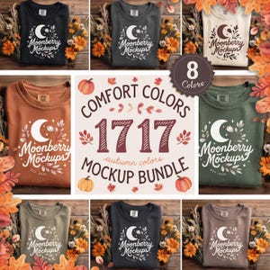 May include: A mockup bundle featuring eight Comfort Colors sweatshirts in various autumn hues. Each shirt displays the "Moonberry Mockups" logo with a crescent moon and floral design. The image includes fall foliage and pumpkins.