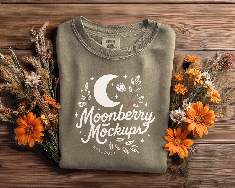 May include: An olive green sweatshirt with a white crescent moon and floral design, with the text "Moonberry Mockups EST. 2025". The sweatshirt is surrounded by orange flowers and dried plants on a wooden surface.