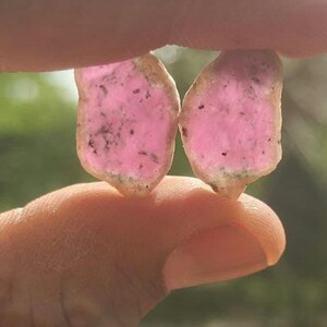 Könnte beinhalten: Zwei rohe, unpolierte rosa Turmalin-Edelsteine mit unregelmäßigen, organischen Formen. Die Steine weisen einen leuchtenden, durchscheinenden rosa Farbton mit sichtbaren dunklen Mineraleinschlüssen und rauen, texturierten Kanten am äußeren Rand auf.