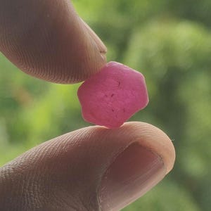 Peut inclure: Une petite pierre précieuse brute de forme hexagonale avec une teinte rose vive. La pierre présente une texture semi-translucide avec de subtiles inclusions naturelles visibles à sa surface, tenue entre deux doigts sur un fond vert flou.