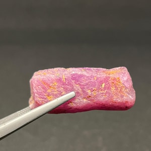 May include: A rough, pink ruby gemstone with gold inclusions. The ruby is held by silver tweezers against a dark backdrop. The gemstone has a textured surface and a rectangular shape.
