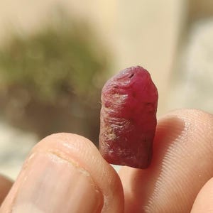 Peut inclure: Une pierre précieuse rubis brute et non taillée, d'une couleur rouge profond et de forme cylindrique légèrement irrégulière. La pierre présente une surface naturelle texturée avec des facettes visibles et des variations de tons.