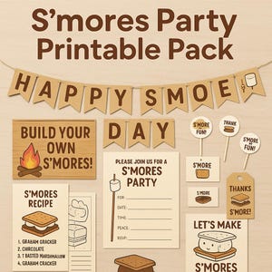 S’mores Party Printable Pack | DIY S’mores Bar Sign, Invitations, Tags, Coloring Page & Recipe | Summer Camping Party Decor
