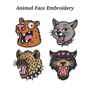 May include: Animal Face Embroidery design featuring four embroidered animal faces: a brown bear, a gray cat, a cheetah, and a black panther. Each animal has an open mouth, revealing teeth and tongue. The text "Animal Face Embroidery" is at the top.
