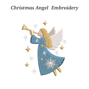 May include: An embroidered design of a Christmas angel playing a trumpet. The angel wears a blue dress with a starburst and snowflake details. Gold stars and snowflakes surround the angel, with the text "Christmas Angel Embroidery" above.